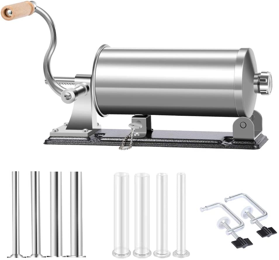 MASTER FENG Sausage Filler, Horizontal Kitchen Aluminium Sausage Filling Machine with Suction Base Packed 4 Size Professional Filling Nozzles for Homemade Sausages