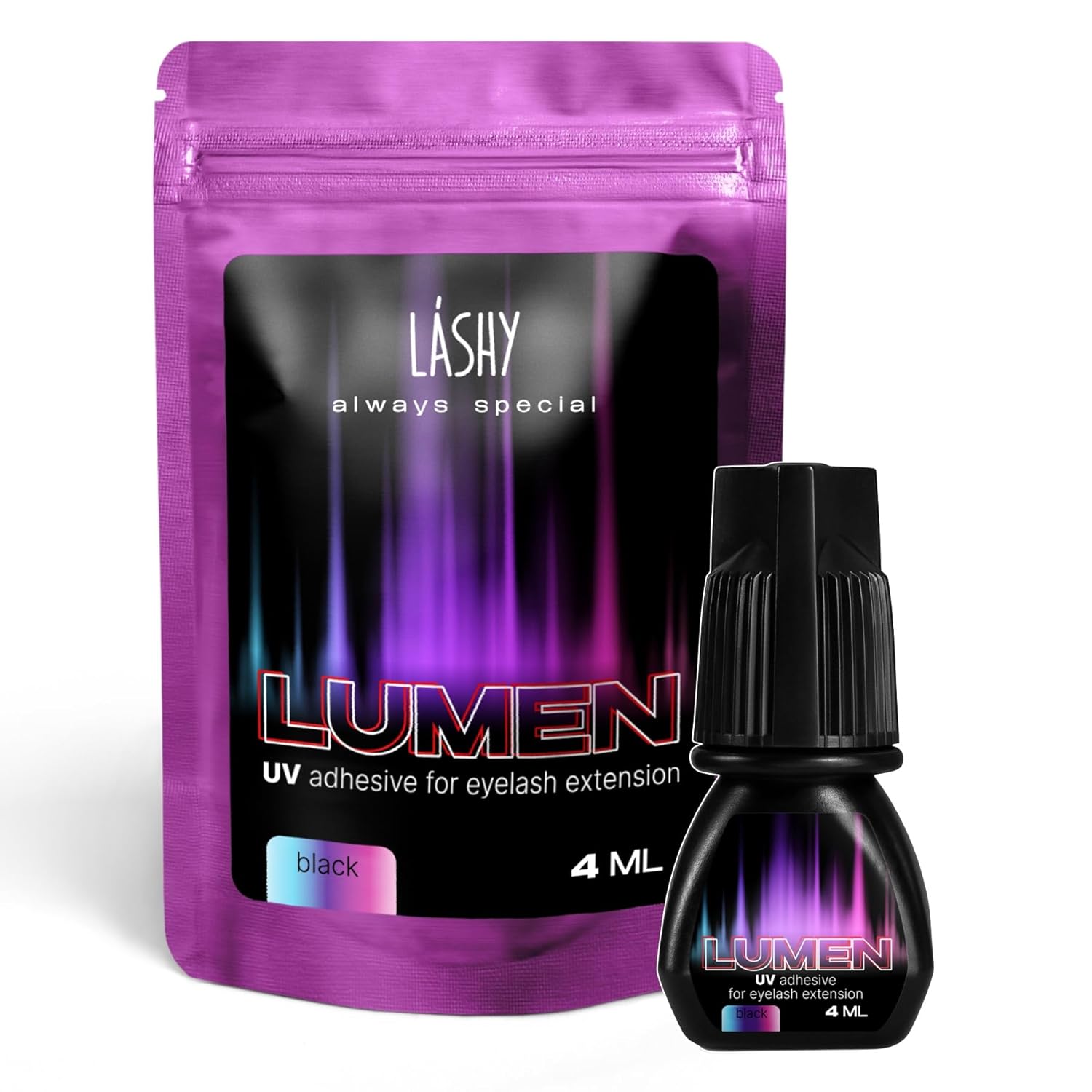 LUMEN UV Eyelash Glue Black 4 ml - Fast Eyelash Glue, 8 Weeks Hold, for Eyelash Extension with UV Technology - Quick Drying, Hypoallergenic & Strong - Professional Glue Eyelash Stylists
