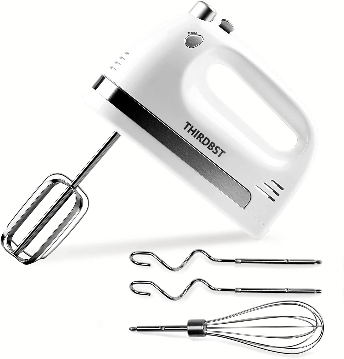 THIRDBST Electric Hand Mixer, 450 W Electric Whisk with 5 Speed and Turbo Button, Power Hand Mixer Egg Beater with Easy Eject Button, 5 Stainless Steel Attachments for Baking, Biscuits, Cakes