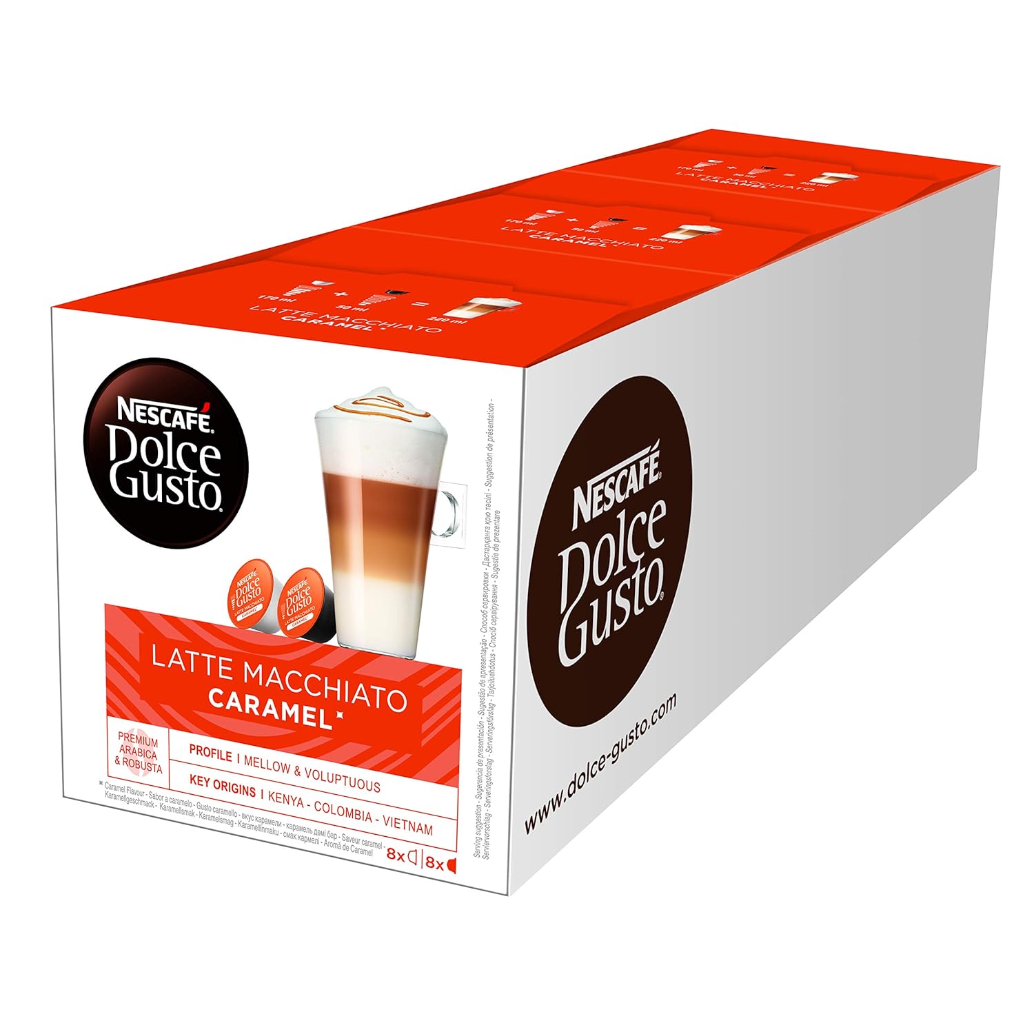 NESCAFÉ Dolce Gusto Latte Macchiato Caramel | 48 coffee capsules | Arabica Robusta Mixture | Fine caramel aroma and delicious milk foam | Aroma-sealed capsules | 3 packs (3 x 16 capsules)