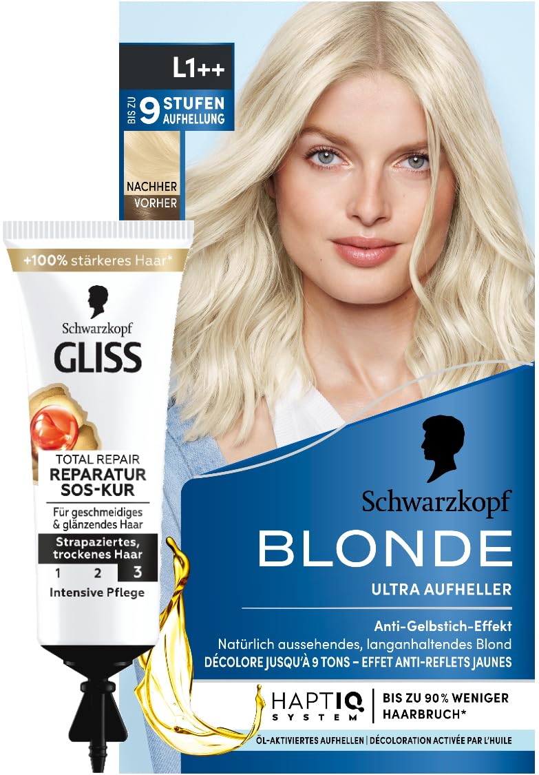 Schwarzkopf Blonde Lightener L1++ (143 ml), Hair Dye for Oil-Activated Hair Lightening with HaptIQ System & SOS Intensive Treatment Total Repair (15 ml), Hair Treatment with Keratin