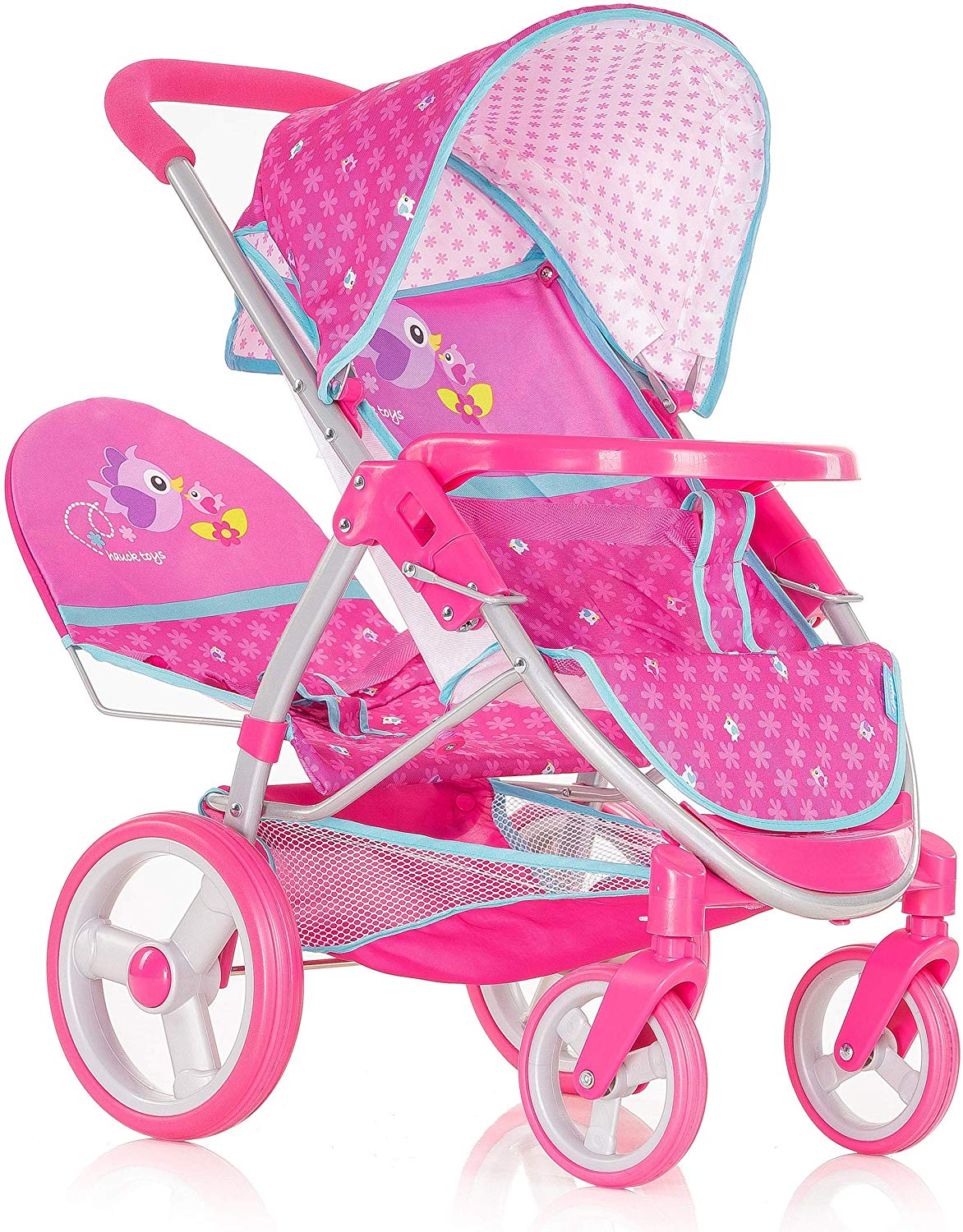 Hauck Twin and siblings Malibu Duo, lockable front wheels, removable safety bar, adjustable sun canopy, 360° pirouette wheels, birdie pink