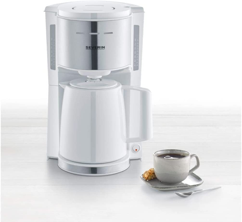 SEVERIN KA 9255 Filter Coffee Machine with Thermal Jug, Coffee Machine for up to 8 Cups, Attractive Filter Machine with Insulated Jug, White / Brushed Stainless Steel
