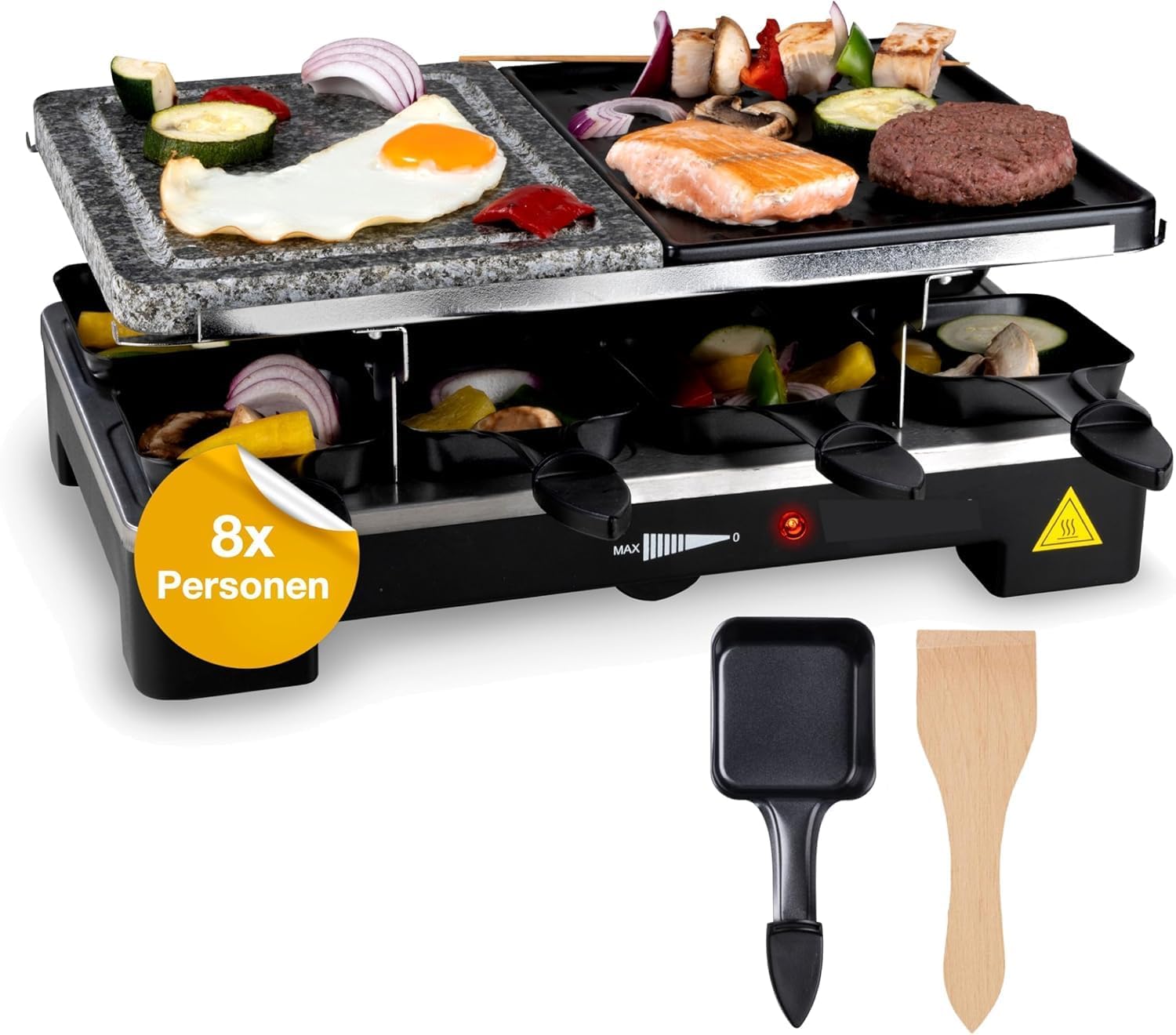 8 Person Raclette Set, Table Grill with Pan and Scraper, Grill Plate and Stone Plate, Non-Stick Coating, 1400 Watt, Square