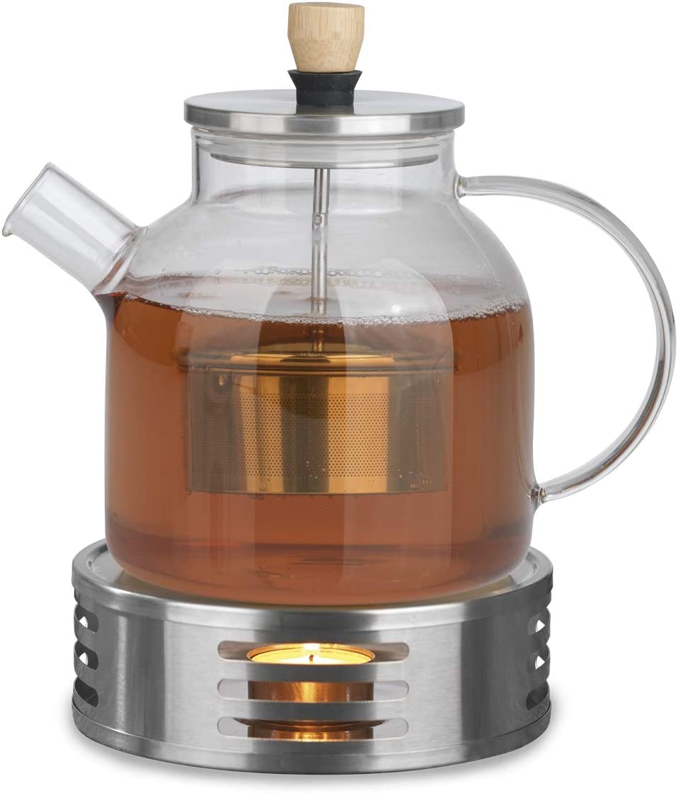 BEEM Teapot 1 Litre and Warmer Set | 1 Litre Glass Jug with Tea Strainer | Borosilicate Glass | Stainless Steel Warmer | Tea Light Holder | Easy to Clean | 8 Cups