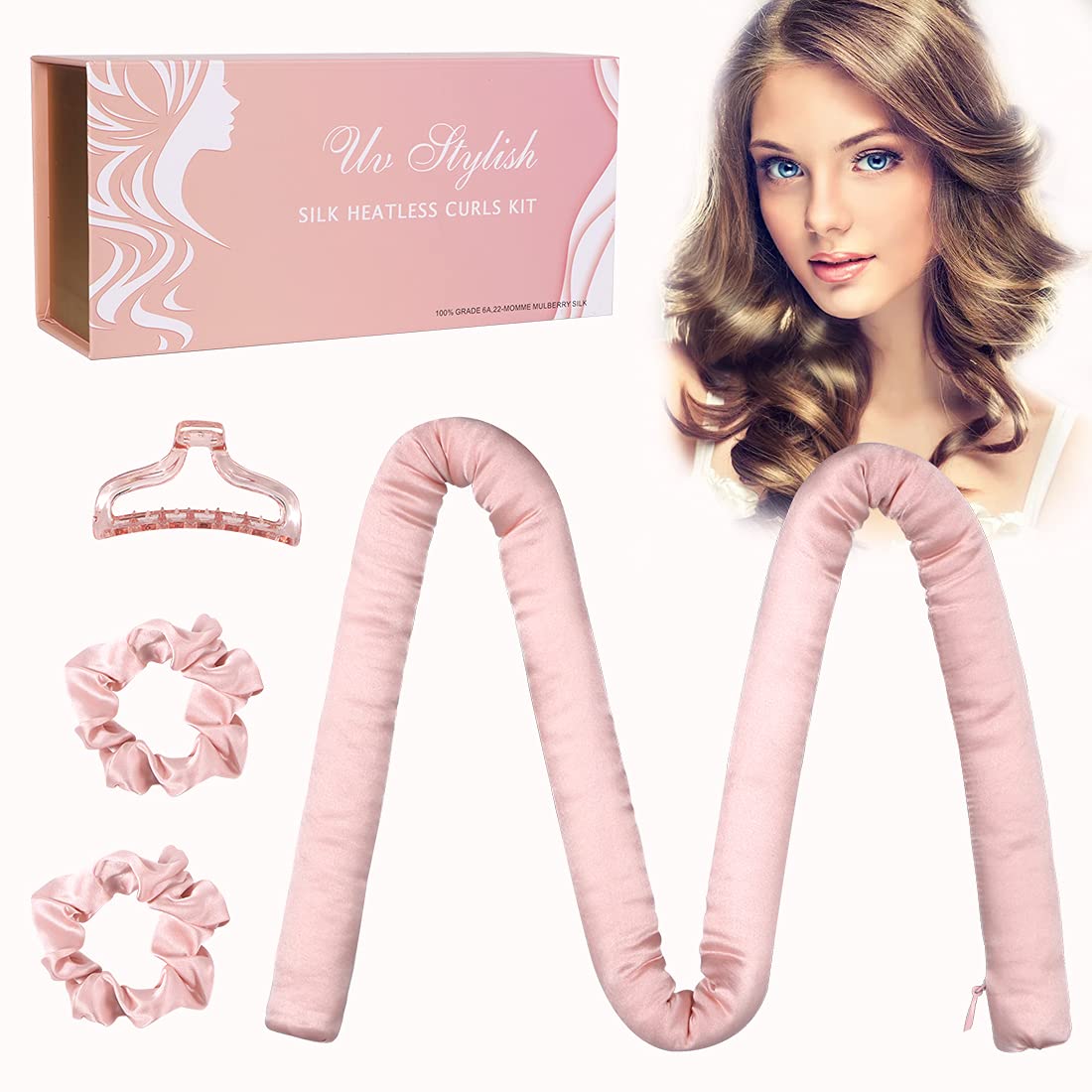 UV STYLISH Silk Heatless Curling Ribbon - 100% Mulberry Silk Curler, Headba, ‎pink