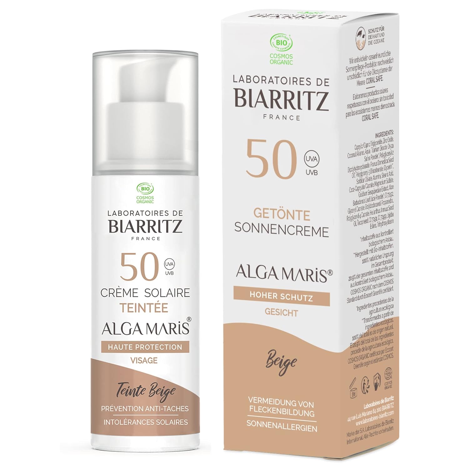 Laboratoires de Biarritz - Tinted Sun Cream Face - Beige - SPF50 ALGA Maris® Organic Certified - Hydrated, Matted, Provides A Healthy Glow - 50 ml - Made in France