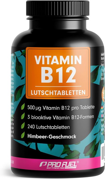 Vitamin B12 Lozenges, 240 x Raspberry, 500 μg B12 per Tablet of Methylcobalamin, Adenosylcobalamin & Hydroxocobalamin, Delicious Taste, Optimal High Dose, No Added Sugar, 100% Vegan