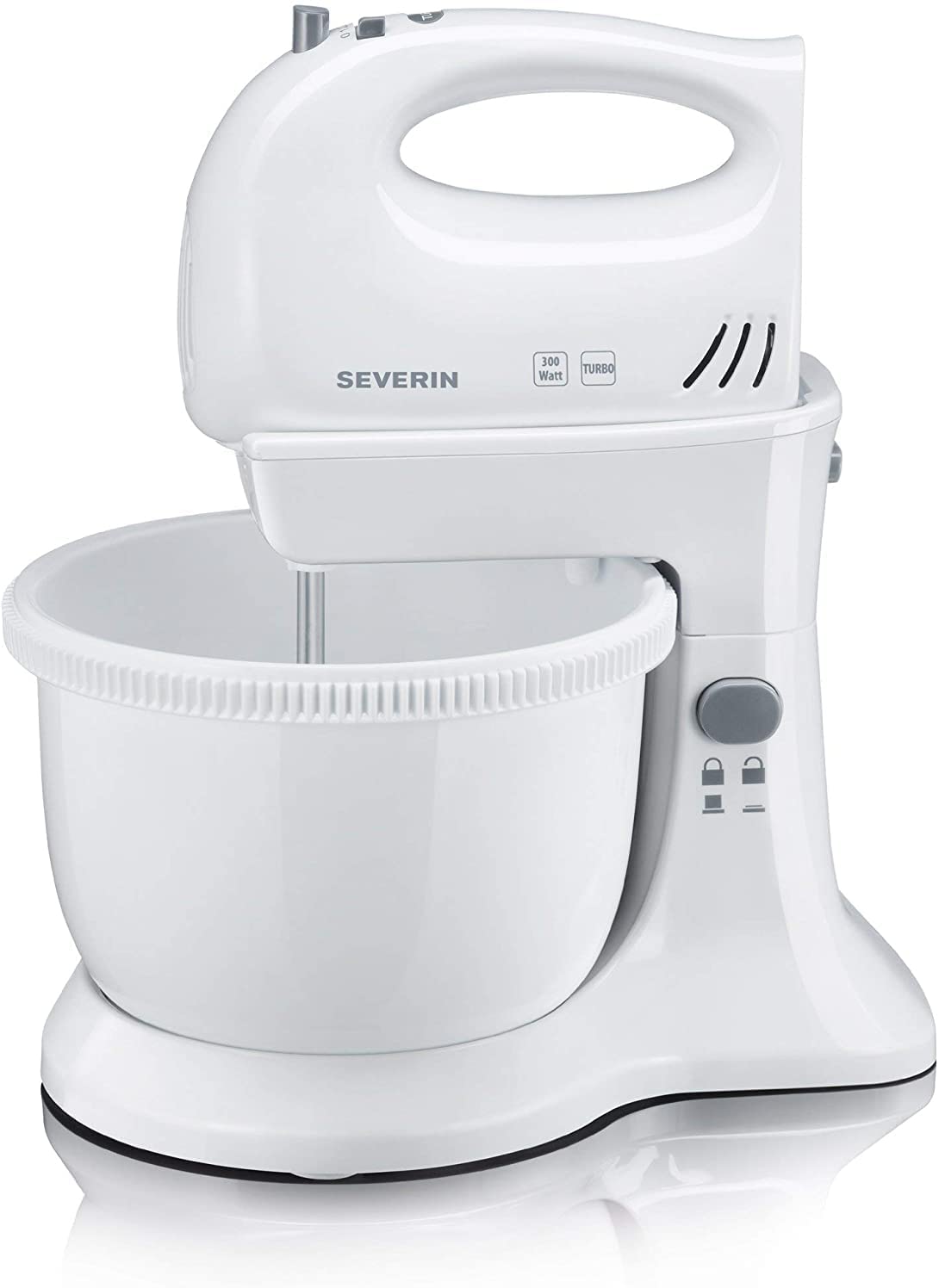 SEVERIN HM 3810 Hand Mixer Set - 300 W - Includes Table Stand and 3 L Mixing Bowl - White/Grey