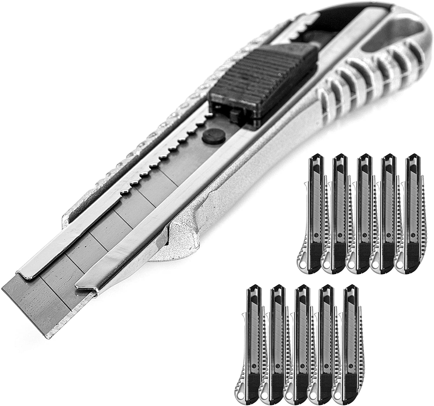 Office Point 10 x Cutter Knife Aluminium 18 mm Metal Guide Snap Off Device Refillable Including Snap Off Blades (10)