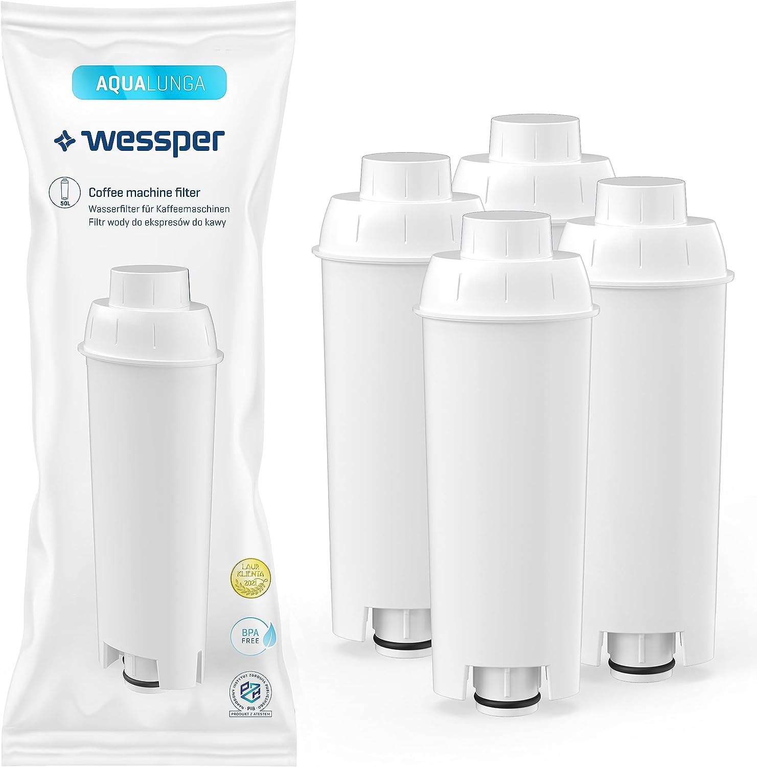 Wessper Aqua Lunga Water Filter for Delonghi Fully Automatic Coffee Machine DLSC002, SER3017 & 5513292811 - Compatible with ECAM, ESAM, ETAM, SECAM Series (Pack of 4)