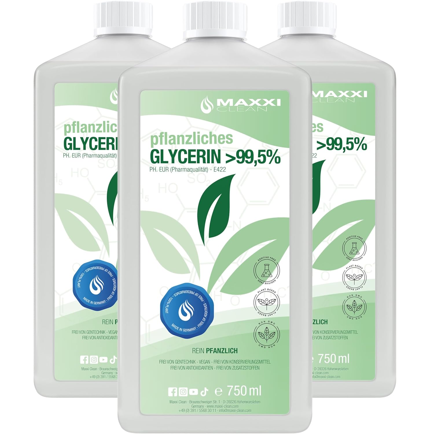 Maxxi Clean | 1 x 750 ml glycerol 99.5% | Pure Vegetable & Nourishing for Cosmetics, Disinfection and DIY Projects | E422 Glycerol in Pharmaceutical Quality | Made in Germany | Suitable for Skin Care