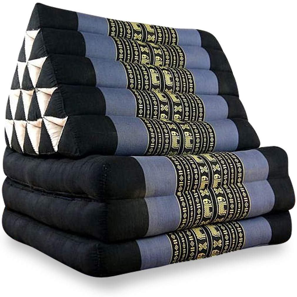 livasia Thai Cushion 3 Extra High Triangular Cushion with Folding Mattress, Kapok, Jumbo Back Cushion, Foldable Thai Mat Flaps, Handmade, Meditation Cushion 185 x 55 x 8 cm (Blue/Elephants)