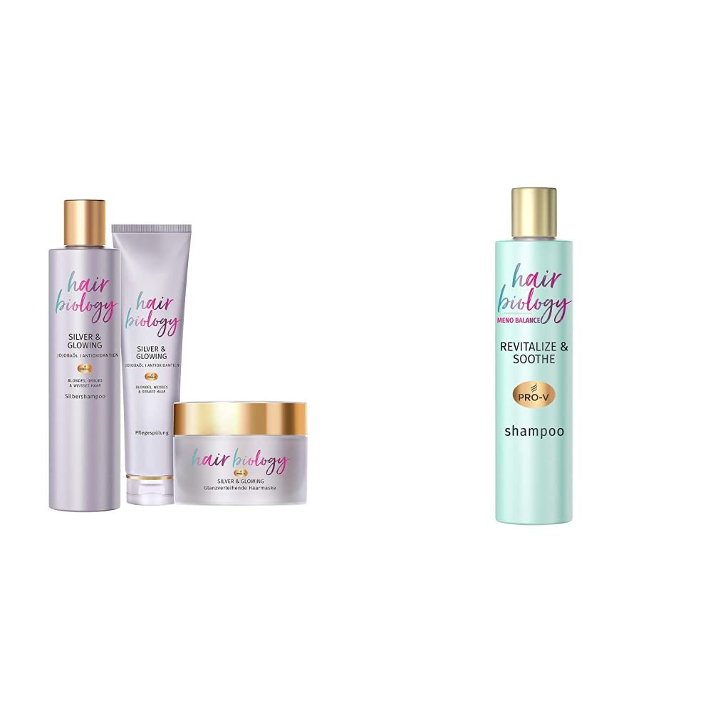 Hair Biology Hair Care Set: Silver & Glowing Shampoo 250 ml + Conditioner 160 ml + Hair Mask 160 ml & Meno Balance Revitalize & Soothe Shampoo for Thin and Dry Hair 250 ml