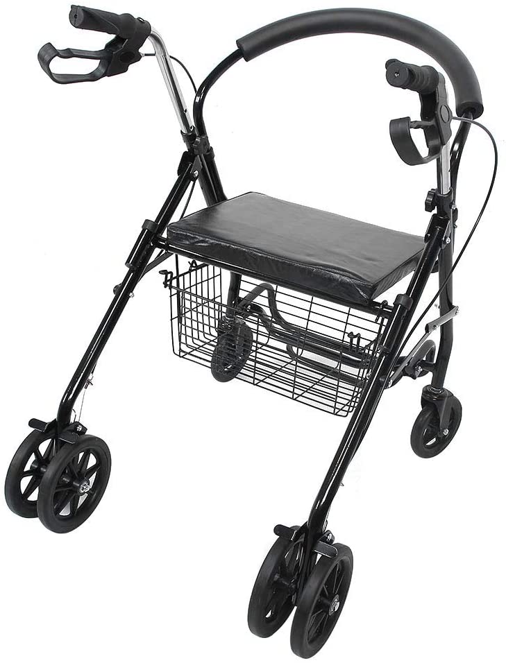 Greensen 4-Wheel Rollator Walker with Seat Steel Rolling Walker Medical Walker for Seniors Mobility Rolling Walker Supports 300 Pounds with Storage Basket Ergonomic Handle