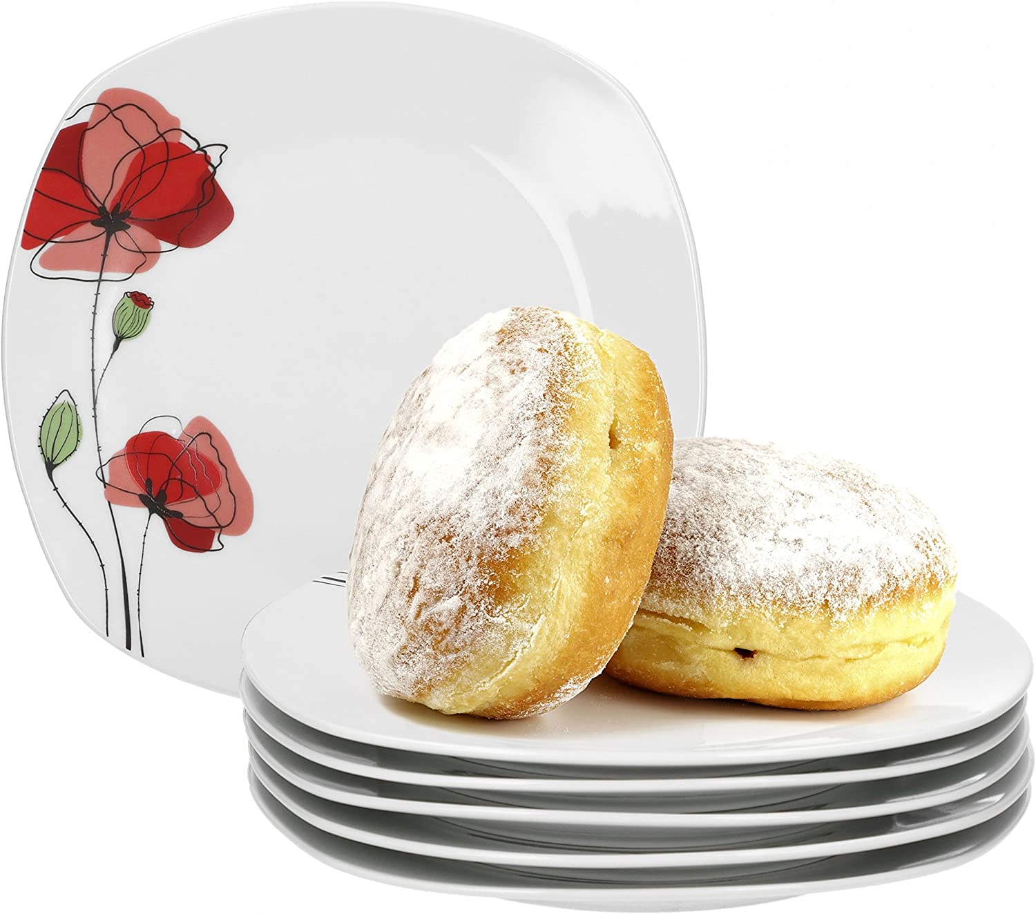 Van Well Monika Set of 6 Breakfast Plate, Tea Plate, Dessert Plate, Diameter 19 cm, Floral Design, Branded Porcelain