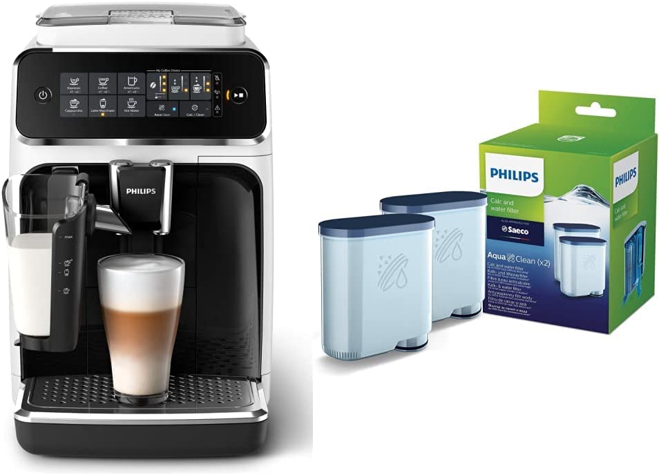 Philips Domestic Appliances Philips 3200 Series EP3243/50 Fully Automatic Coffee Machine, 5 Coffee Specialities (LatteGo Milk System) White/Piano Lacquer-Black & Limescale CA6903/22 Aqua Clean Water Filter for Fully Automatic Coffee Machines