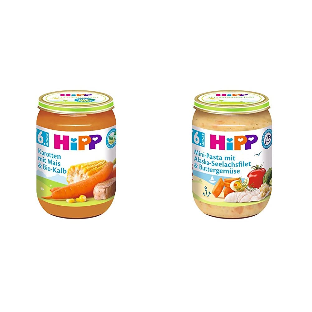 HiPP Karotten mit Mais und Bio-Kalb, 6er Pack (6 x 190 g) & Mini-Pasta mit Alaska-Seelachsfilet und Buttergemüse, 6er Pack (6 x 190 g)