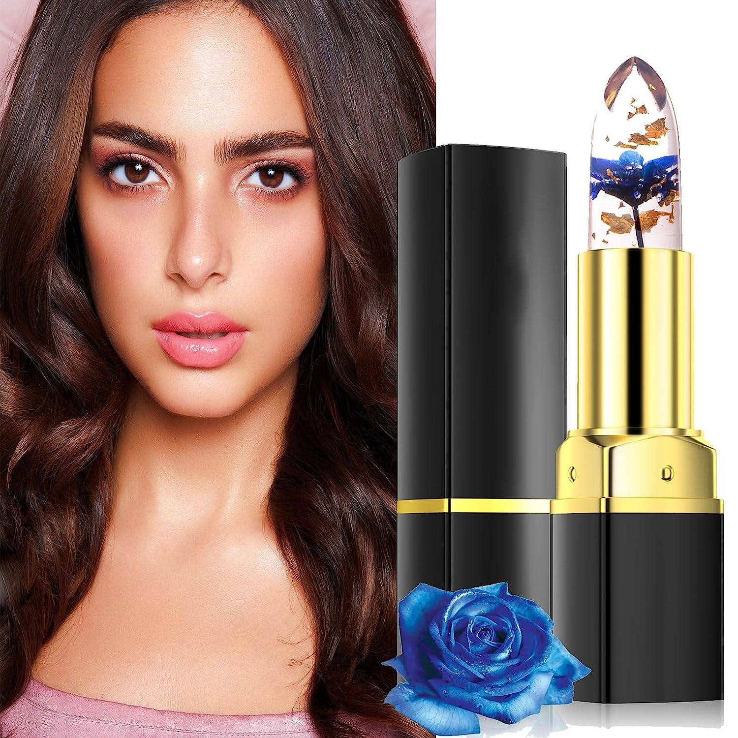 Color Changing Jelly Lipstick with Flowers Juicy Bomb Essence Lip Gloss Transparent Lipstick, Ph Magic Temperature Color Changing Lip Balm Long-Lasting Moisturising Cream (Blue)
