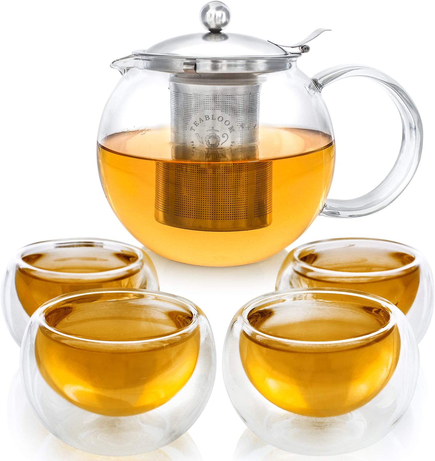 Teabloom Tea Set - Heat Resistant and Lead Free Glass Teapot Kettle (1200ml) with Removable Stainless Steel Filter for Loose Tea - Contains 4 Double Wall Insulated Glass Cups (150ml)