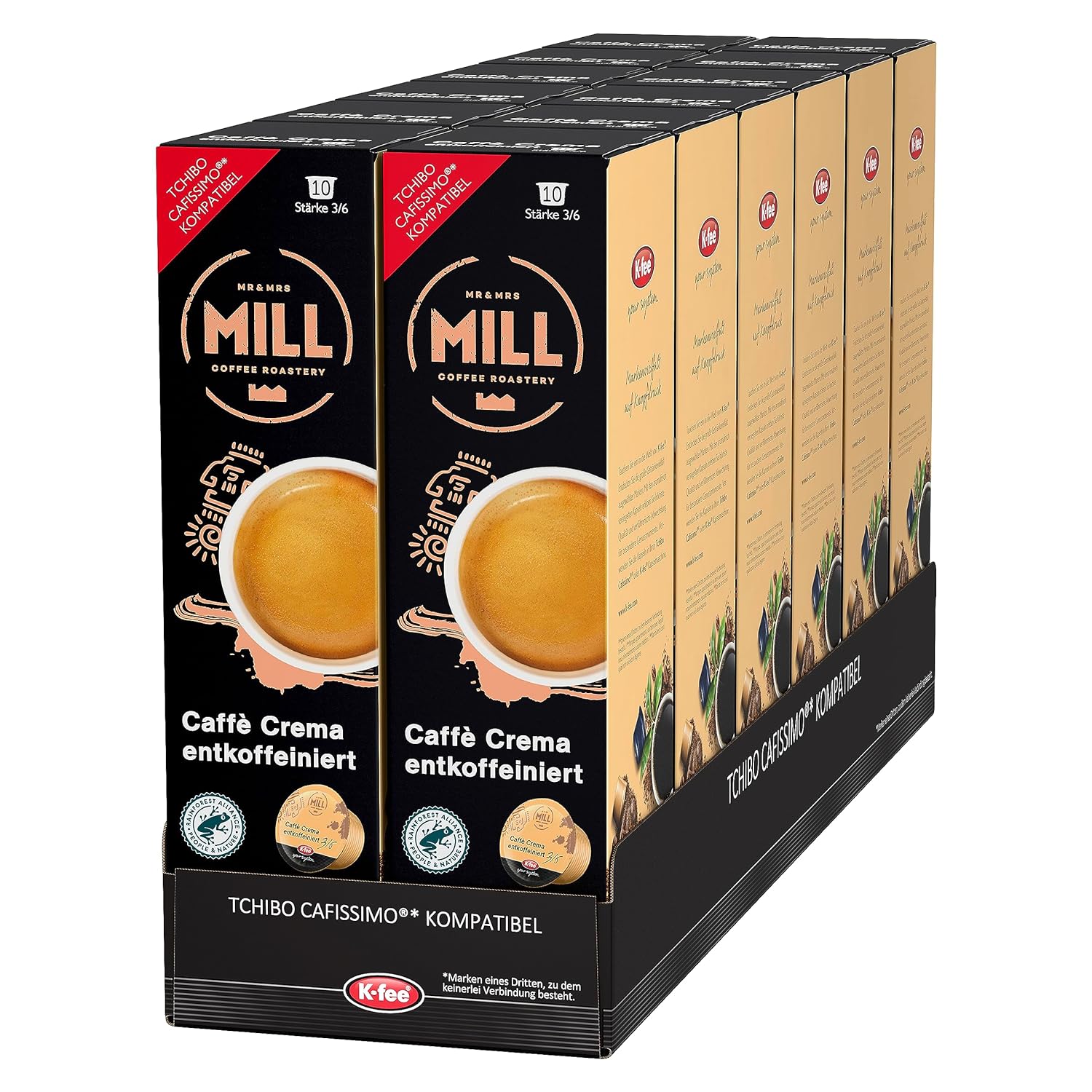 Mr & Mrs Mill Coffee Capsules Caffé Crema Decaffeinated Strength 3/6, Compatible with K-fee & Tchibo Cafissimo*, UTZ Certified, 120 Capsules (12 x 10)