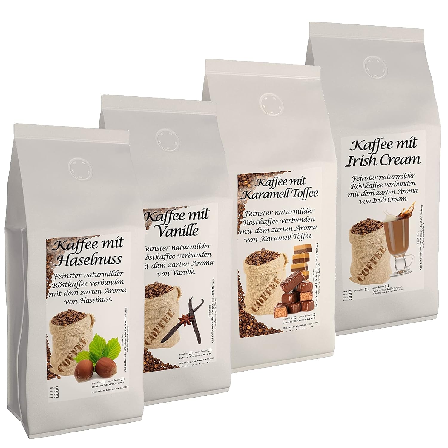 4 x 500 g of the most delicious aromatic coffee varieties hazelnut, Irish cream, vanilla, caramel toffee ground