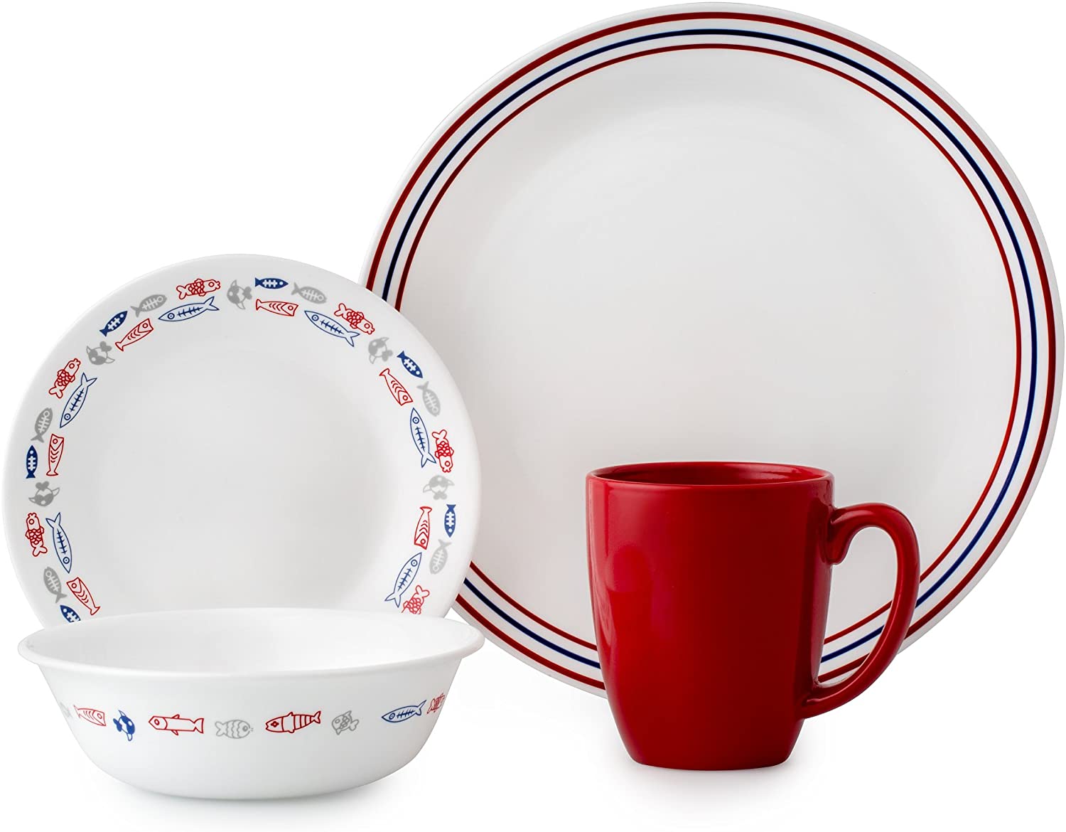 Corelle 3233 Glass Dinner Set, Blue/ Red