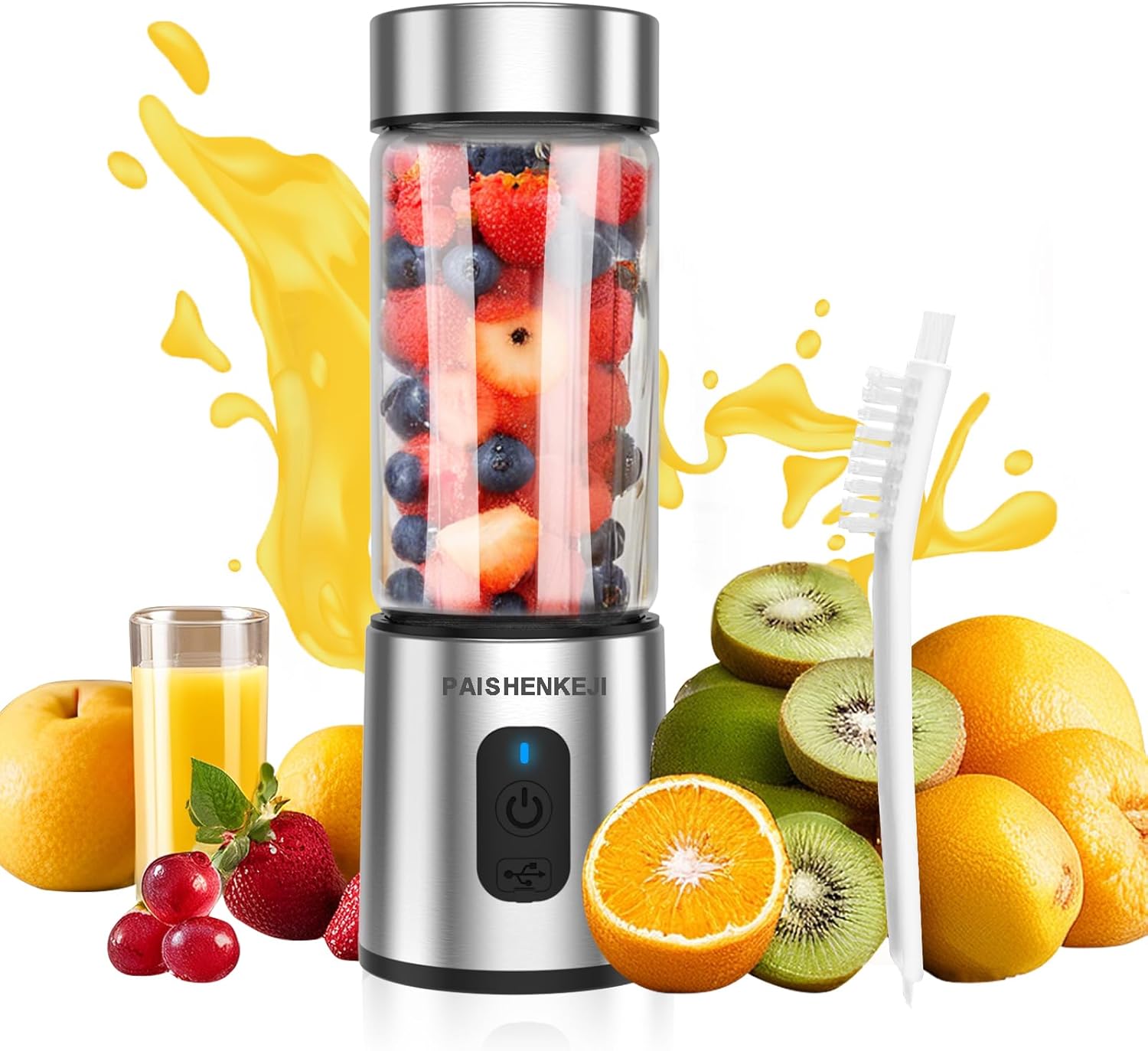 Blender Smoothie Maker To Go: 400 ml Glass Container Mini Blender with 6 Upgrade Power Blades, USB Rechargeable Portable Smoothie Mixer for Gym, Office, Home, Travel