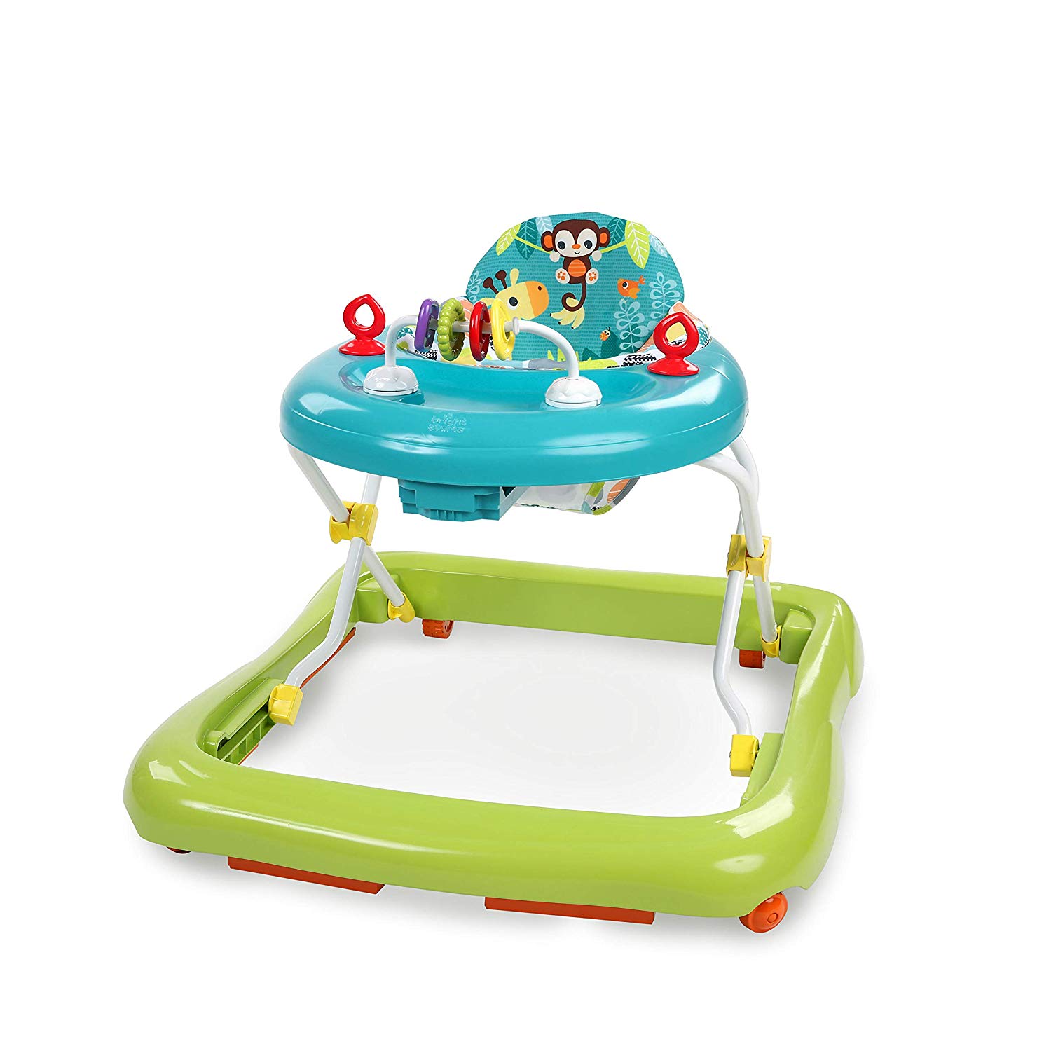 Bright Starts, Giggling Safari Walker with Toys, Bead Slider Toy, 3 Height Settings, High Back Walker, Foldable Green/Blue, Children from 6 Months