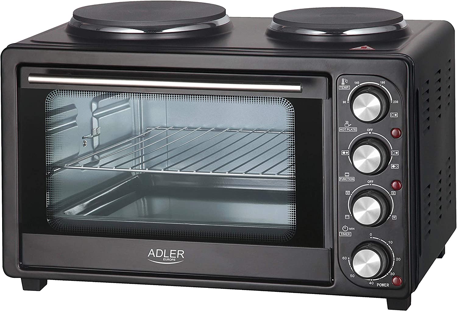 JUNG ADLER AD6020 Mini Oven 36 L with 2 Electric Hob Plates, Mini Oven with Hob Top, 4600 W, with Circulating Air, Timer 60 Minutes, 5 Heating Modes, Includes Grill, Rotisserie Baking Tray