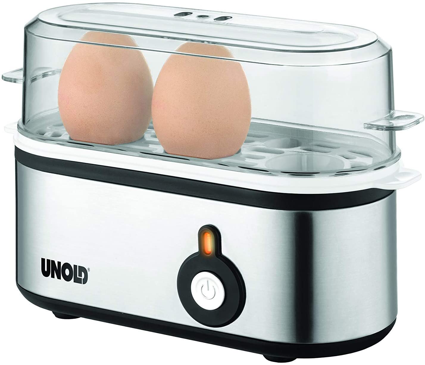UNOLD 38610 Mini Egg Cooker Stainless Steel Housing Egg Insert with Handle for 1 to 3 Eggs, Beep Sound, Operating Indicator Light and 210 W, Includes Measuring Cup