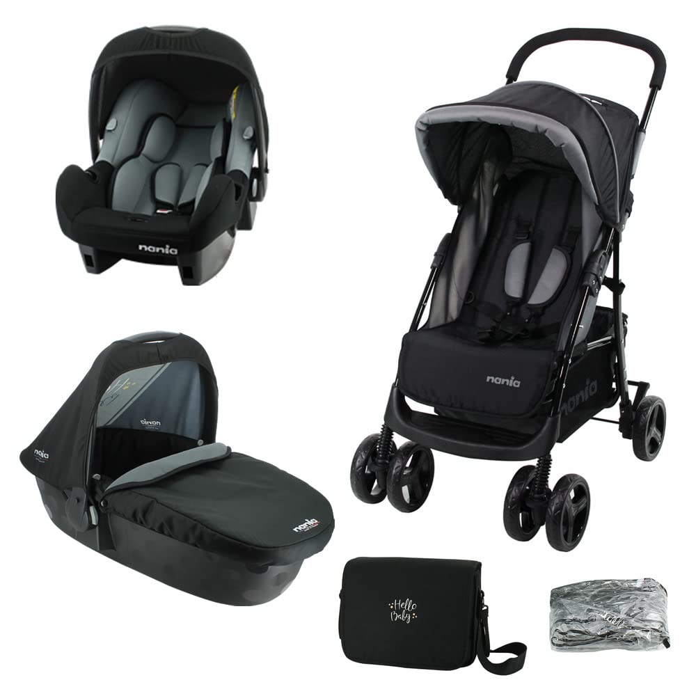Nania Combi Pram 3-in-1 Texas + Car Seat BEONE 0+ (0-13 kg) + Baby Bath for Flora Pushchair (with Accessories)