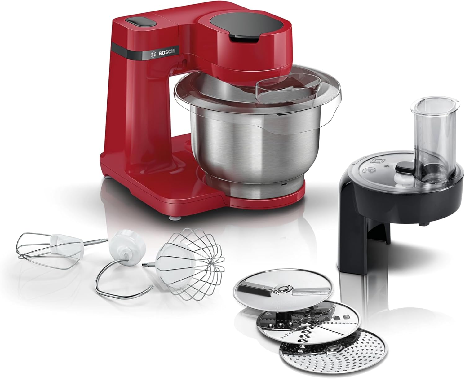 Bosch MUMS2ER01 MUM Series 2 food processor, stainless steel bowl 3.8 liters, planetary mixer, dough hook, whisk, beater, stainless steel, continuous slicer, 3 discs, 700 watts, red