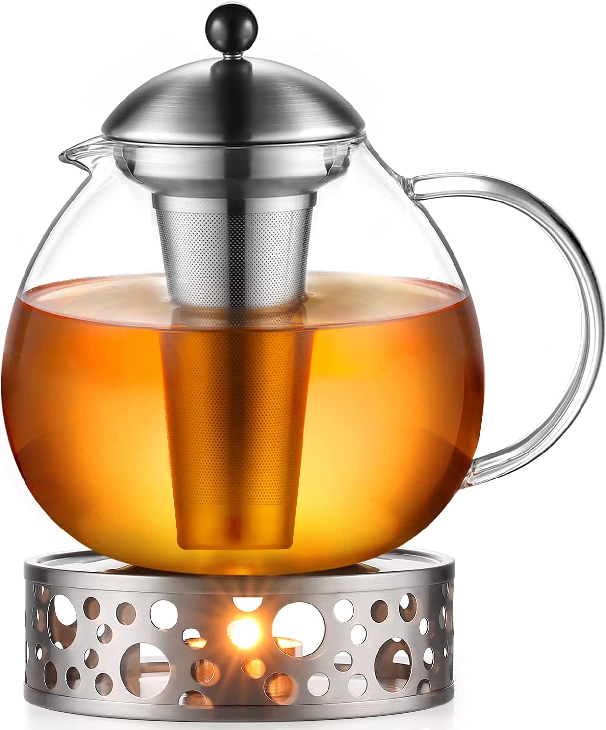 glastal 2000 ml Silver Teapot with Teapot Warmer Glass and Stainless Steel Tea Cosy Teapot Suit