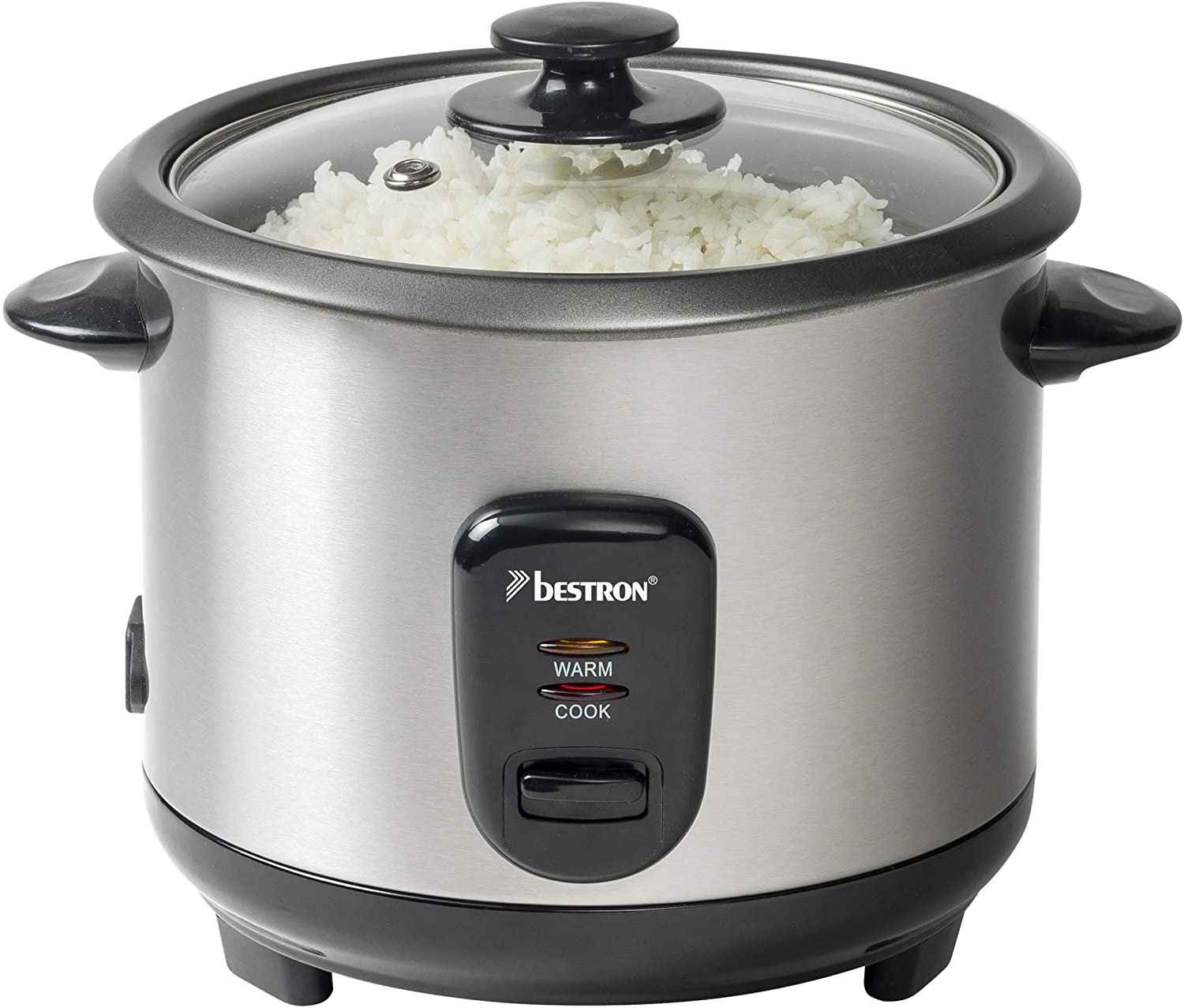 Bestron Rice Cooker for 4-6 People, Includes Steamer Attachment, Measuring Cup & Rice Spoon, Non-Stick Coating and Indicator Light, Dishwasher Safe, 1 Litre, 400 W, Colour: Silver