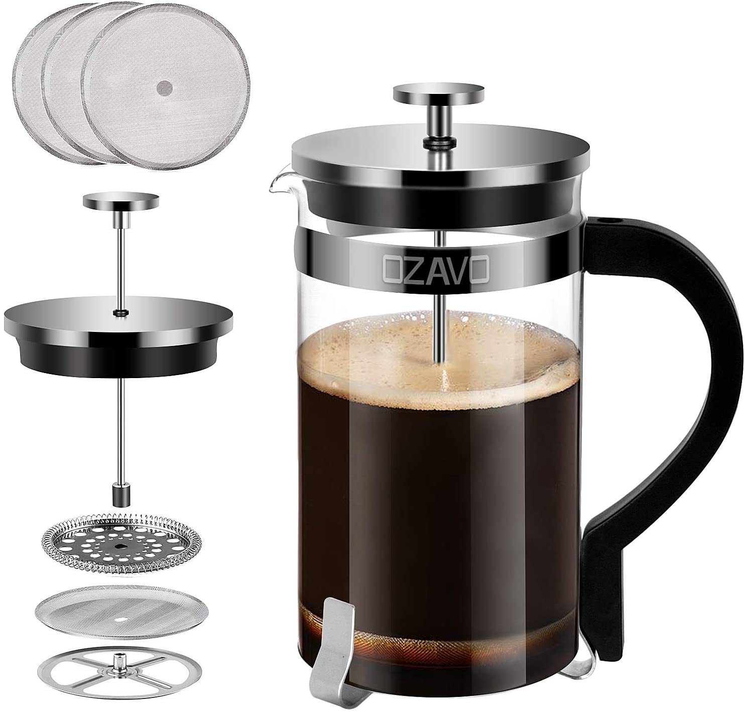 OZAVO French Press 1 Litre Glass Coffee Maker, Coffee Press with Stainless Steel Filter, Glass Coffee Jug, Tea Maker with Stainless Steel Frame, 8 Cups