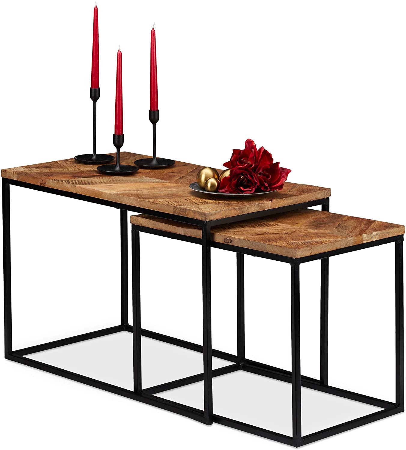 Relaxdays Set Of 2 Coffee Table, Mango Wood Plate, Rectangular, Iron Frame,