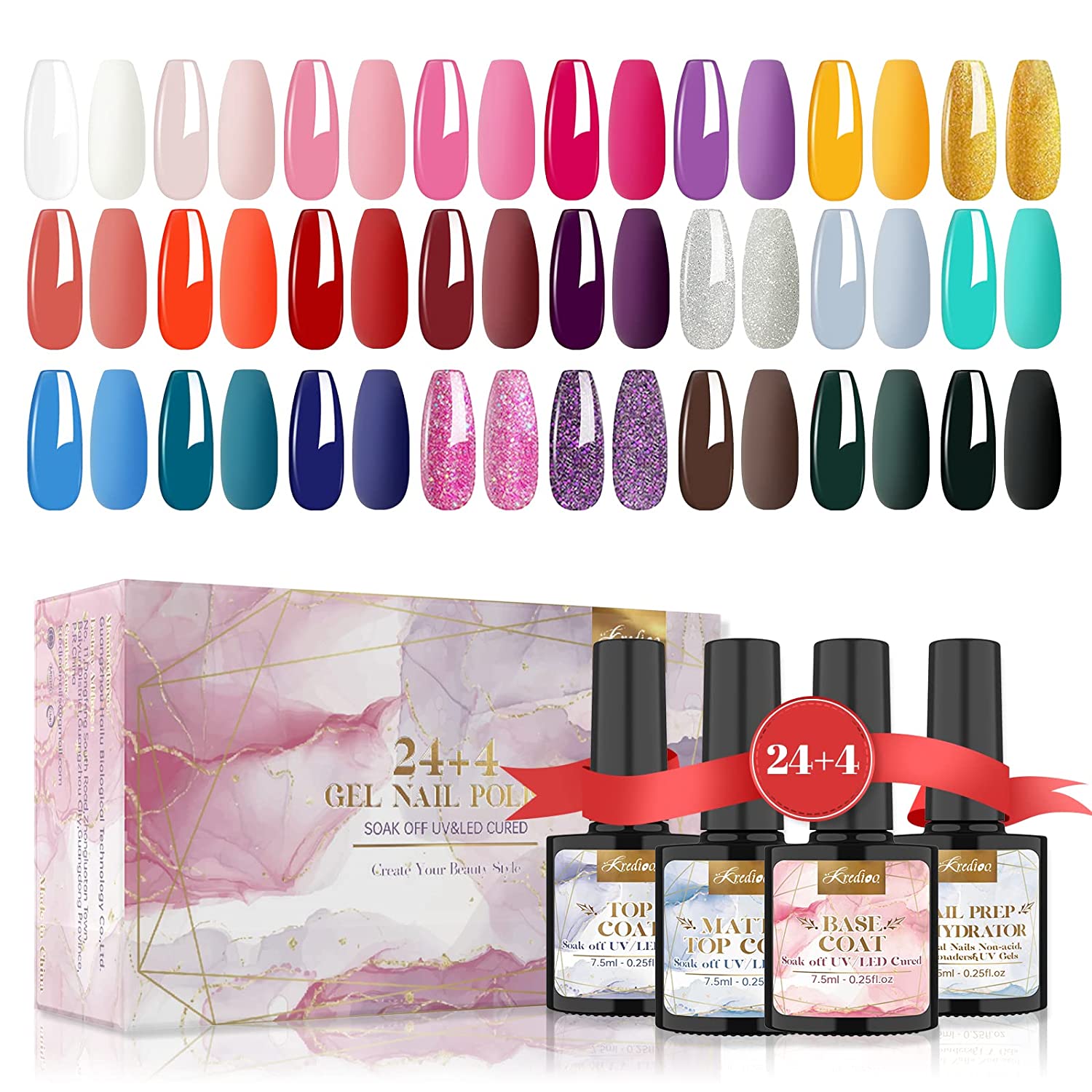 Kredioo UV Nail Polish 28 Pieces Gel Nail Polish Set Suitable for Four Seasons Shellac Nail Polish Colours with Base/Top/Matte Coat and Dehydrator for Nail Studio Design DIY Home, colour ‎rainbow