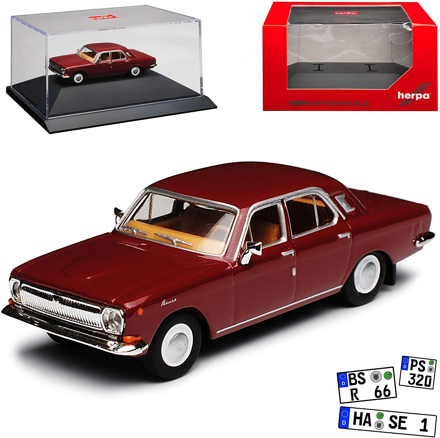 Herpa Wolga Volga Gaz M24 Limousine Wine Red Gdr 1967-1992 With Base And Showcase H0 1/