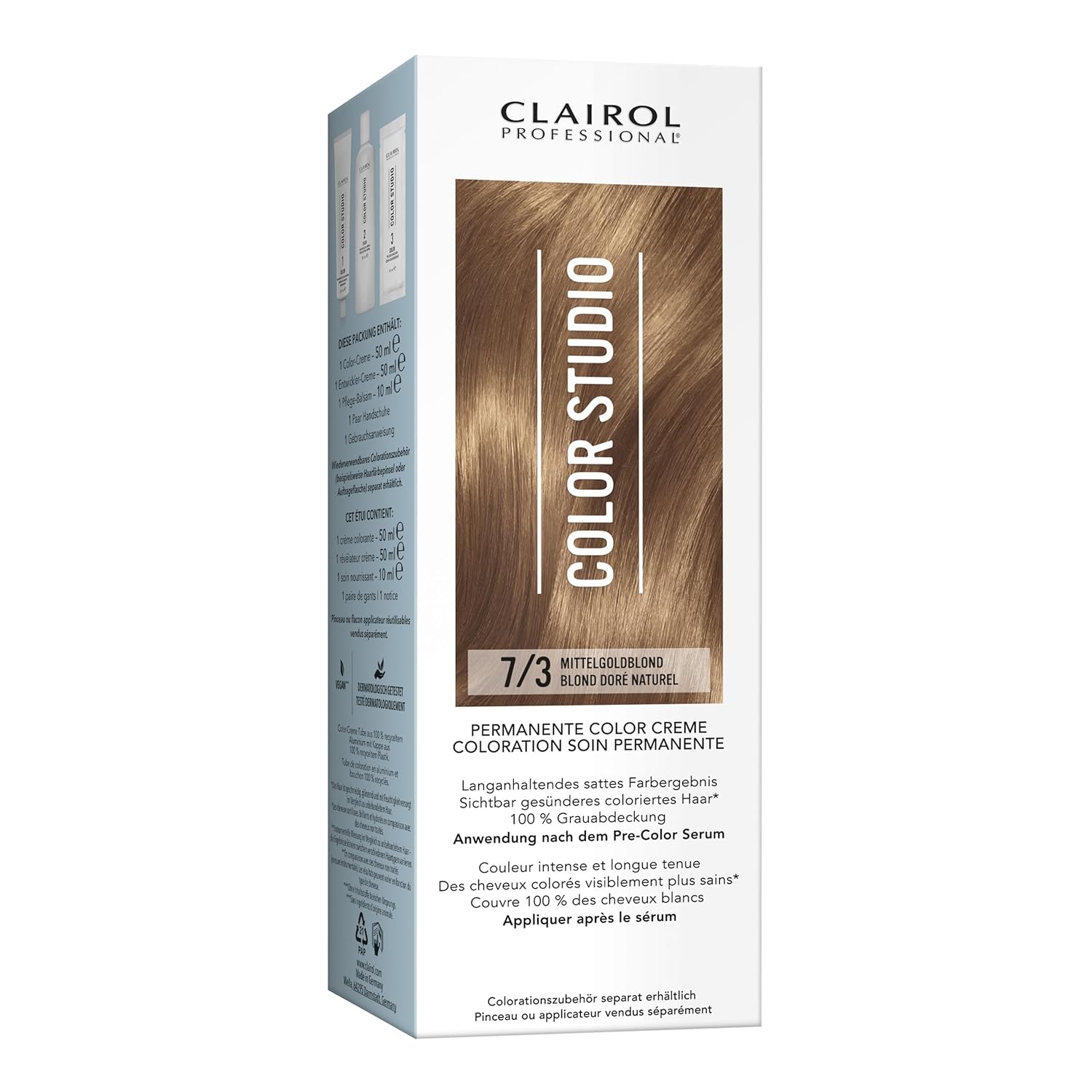 Clairol Professional Color Studio Permanent Hair Color Medium Gold Blonde 7/3 (110ml) - With Metal Purifier for 6x Less Breakage, 10 Weeks Rich Color Result & 100% Gray Coverage - Includes Hair