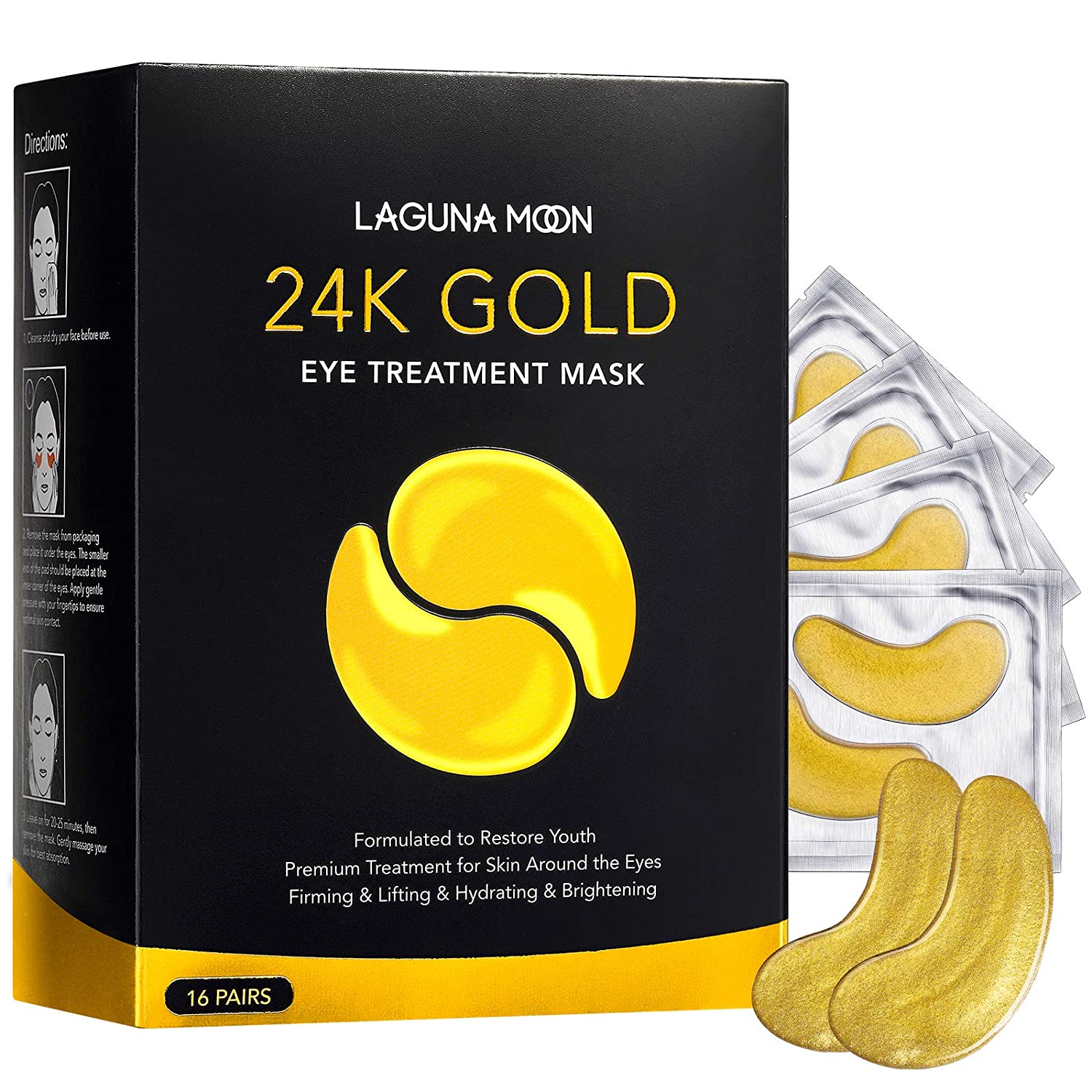 Lagunamoon Eye Mask 24K Gold Anti-Ageing Hydrolyzed Collagen and Hyaluronic Acid Under Eye Pads for Swollen Eyes and Bags, Dark Rings and Wrinkles 16 Pairs