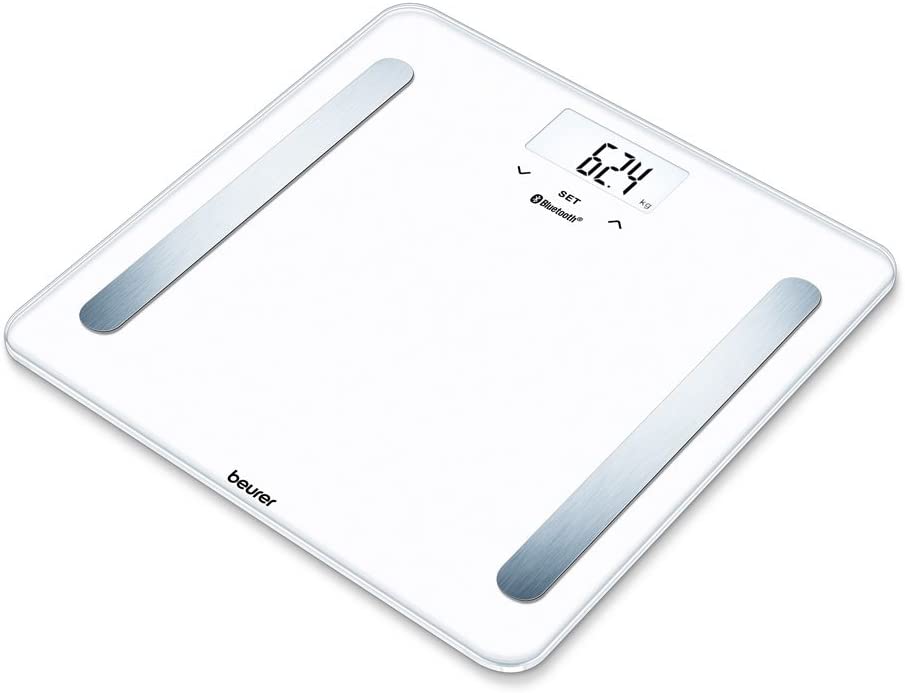 Beurer BF 600 White Diagnostic Scales for Body Fat, Body Water, Muscle Percentage and Bone Mass, Calorie Requirement AMR/BMR, BMI with App, Certified Data Protection