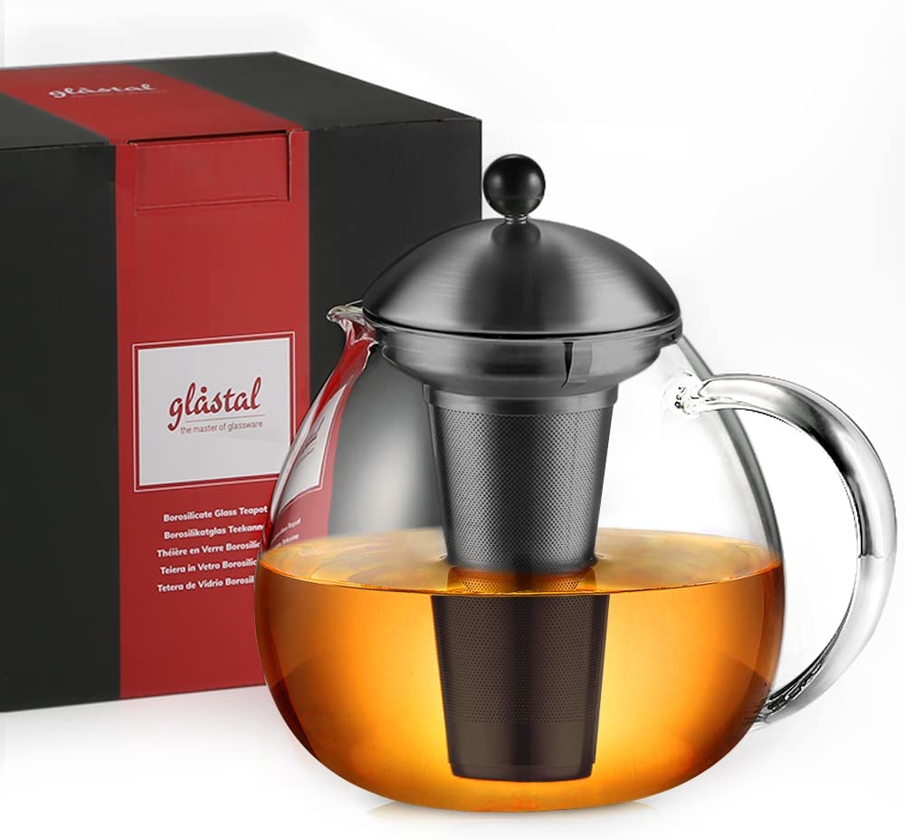 glastal Glass Black Teapot 1500 ml with 18/8 Stainless Steel Tea Strainer Borosilicate Glass Tea Maker Glass Jug Suitable for Tea Warmers