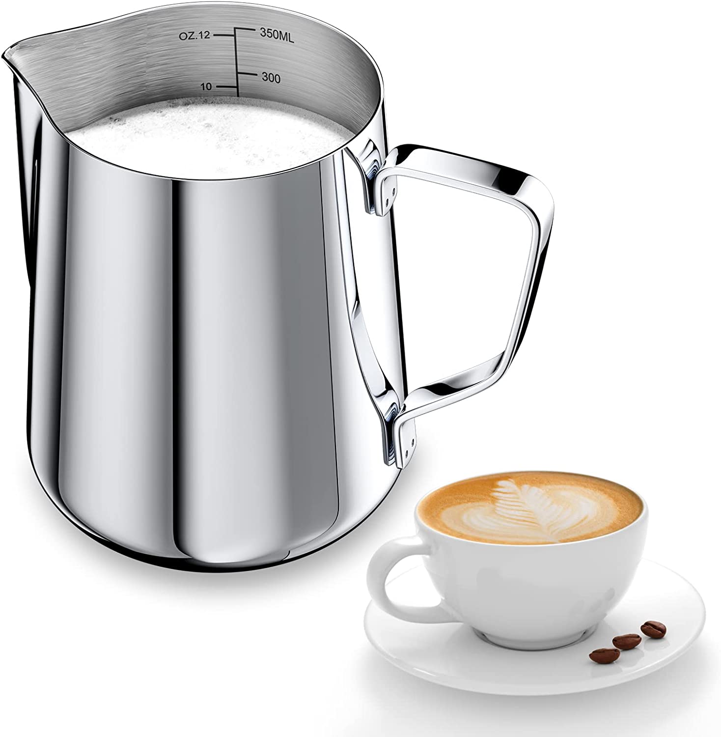 Newan 350 ml Milk Jug for Milk Frothing 304 Stainless Steel, Milk Jug Measurement Mark 12 Oz for Barista, Milk Pitcher for Cappuccino, Espresso, Latte Art, Perfect for Coffee Lovers, Silver