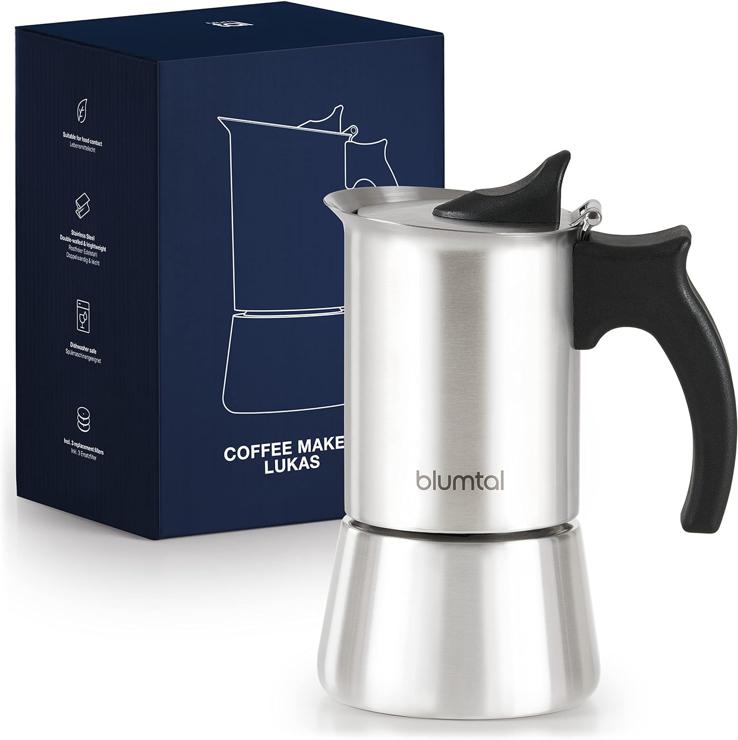 Blumtal Espresso Maker Stainless Steel 6 Cups (300 ml) - Aluminum-free Mocha Pot Induction, Gas or Ceramic Hob with Reinforced Wall, Replacement Seal and Replacement Filter, Camping Coffee Maker