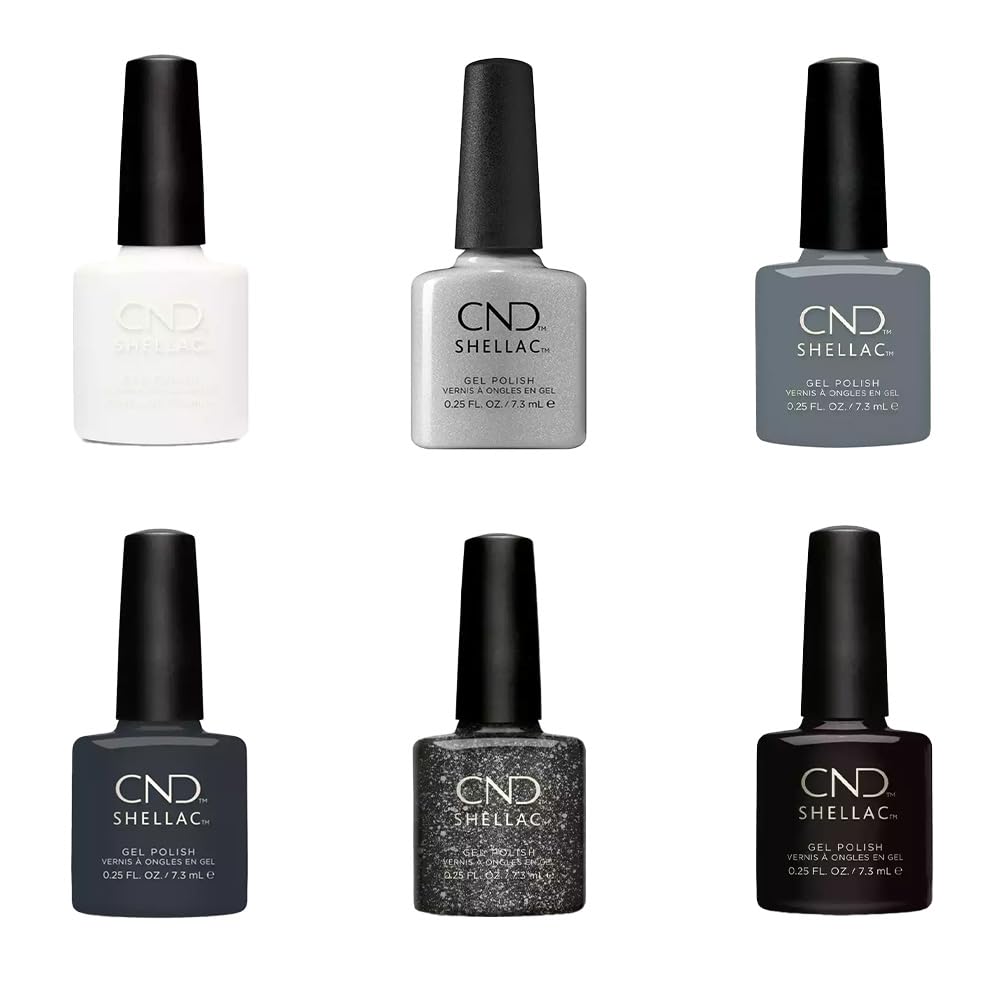 Generic CND Shellac Nail Polish Set: Studio White, Whisper, Steel Kisses, Asphalt, Dark Diamonds & Black Pool - Perfect Manicure for up to 3 Weeks, 6 x 7.3 ml (Black)