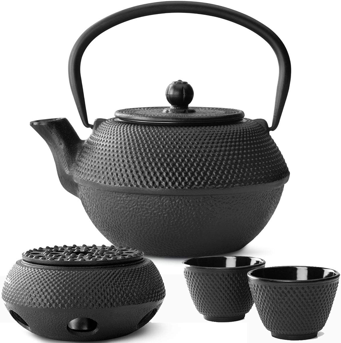 Bredemeijer Teapot Asian Cast Iron Set Black 1.1 Litres with Tea Filter Strainer with Warmer and Tea Cup (2 Cups) Black