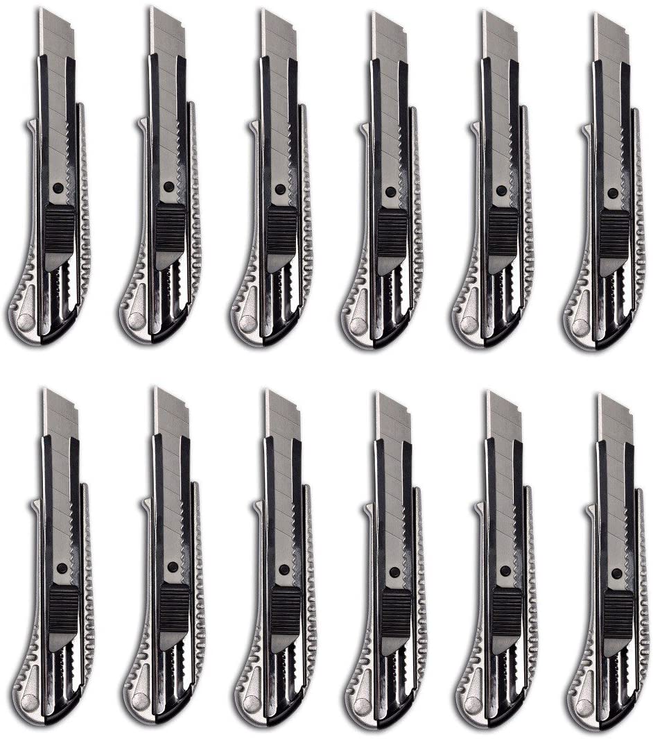 Pack of 12 aluminium die-cast cutter knives with 18 mm snap off blade, carpet knife, multi-purpose knife, utility knife.