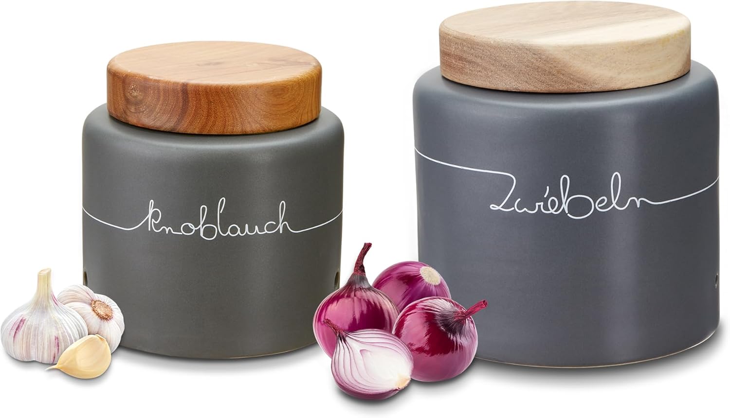 KHG Onion Garlic Storage, Ceramic Stoneware Polished, Anthracite Gray Wood Lid Bamboo, with Decorative Lettering, Capacity 3 L & 1.5 Liters, Onion Pot & Garlic Pot, 2 Pieces, Ventilation Holes