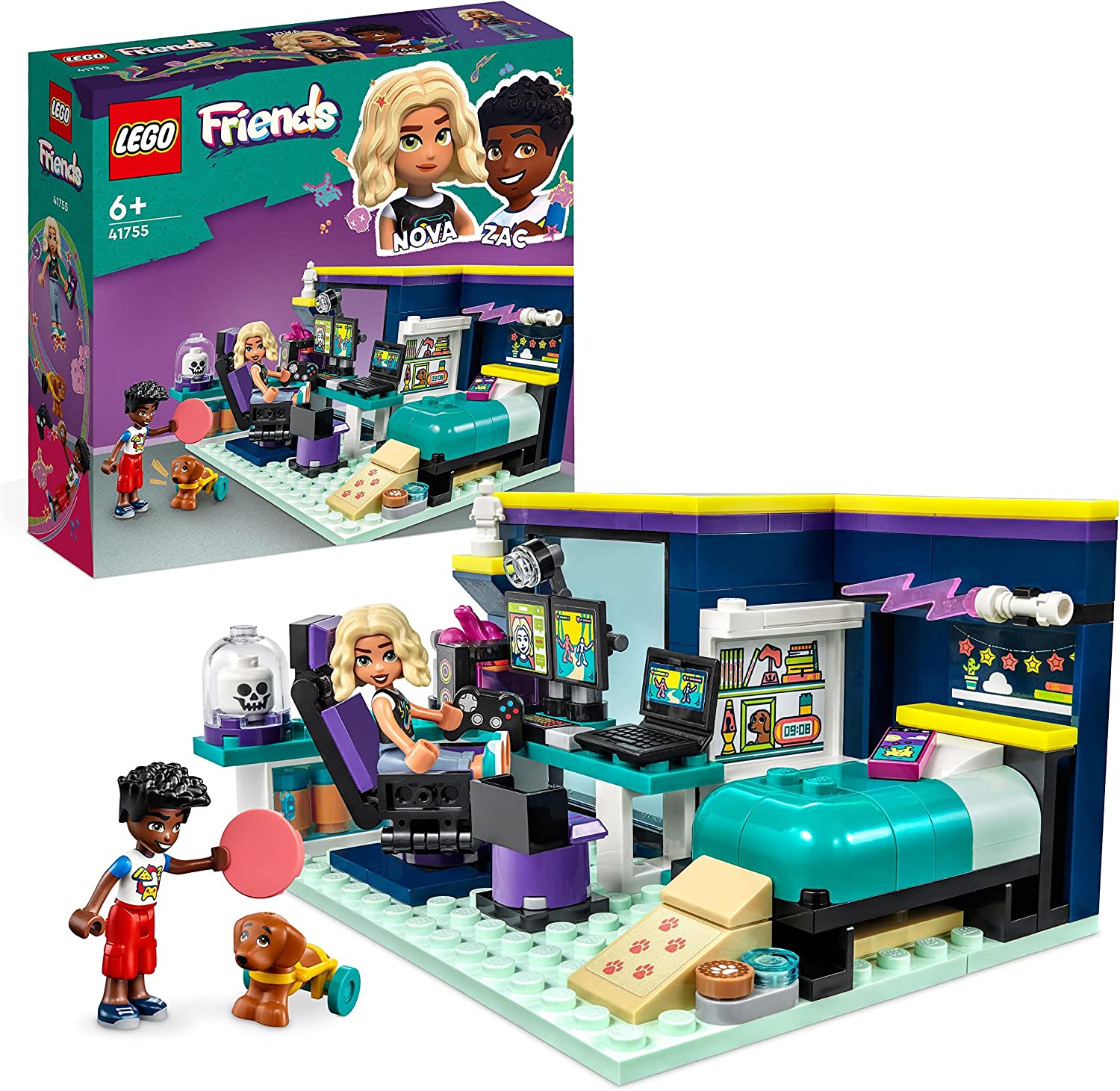LEGO 41755 Friends Novas Room Gaming Toy with Zac Mini Doll and Pickle of the Dog, Small Gifts for Children from 6 Years, 2023 Series Figures